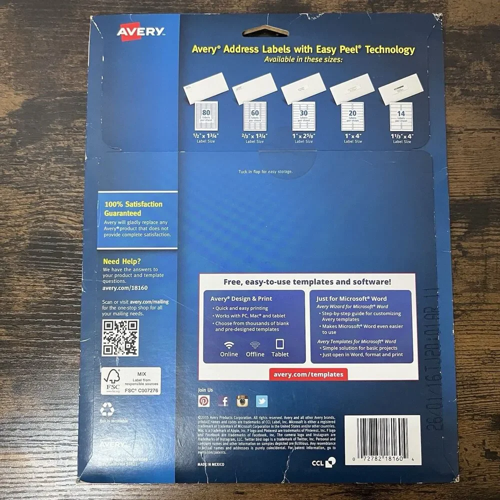 Avery Easy Peel Mailing Address Labels Inkjet 1 x 2 5/8 White 300/Pack 18160 NIP